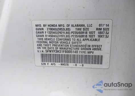 2015 Honda Pilot Se from USA, damaged, VIN 5FNYF3H31FB005140